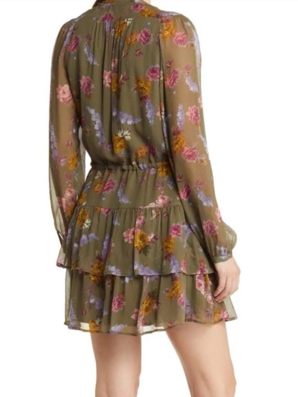 Paige Elynne Floral Long Sleeve Silk Chiffon Dress In Moss - size XS - Picture 4 of 9